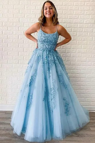 Vista 4 de Vestidos de tul con tirantes delgados, vestidos largos de encaje con apliques de baile para mujer