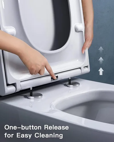 Vista 3 de Asiento de inodoro de cierre suave y enganche rápido alargado - Asientos de inodoro resistentes ajustables con bisagras de acero inoxidable