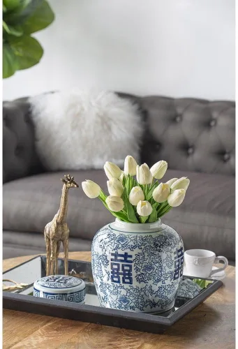 Vista 4 de Jarrón con tapa de porcelana 100 % azul y blanco oriental de 8 x 9.5 pulgadas con patrón floral para almacenamiento en el hogar y organización