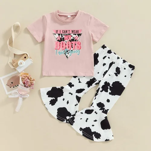 Vista 30 de fhutpw Conjunto de camiseta de manga corta con estampado de vaca y pantalones acampanados de dibujos animados para niñas