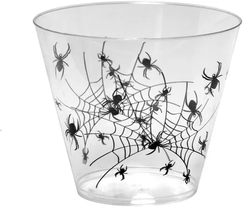 Vista 4 de Party Essentials 20 vasos de plástico duro de 2 onzas con estampado de araña, para Halloween, transparente/negro