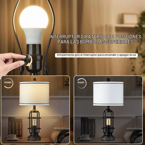 Vista 6 de Modern Table Lamps Set of 2, Industrial 3-Way Dimmable Bedside Lamp with USB A+C Ports & AC Outlet, 25" Touch Control Nightstand Lamp LED Night