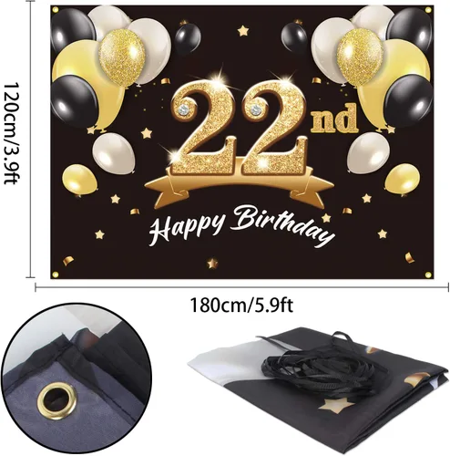Vista 2 de Telón de fondo de pancarta de feliz cumpleaños 22 – Suministros de decoración de fiesta de cumpleaños 22 para hombres y él – Negro dorado 4 x 6 pies