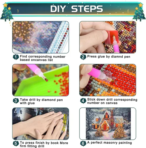 Vista 4 de wifreo Pintura de diamante 5D con escena de nieve navideña, kit de pintura de diamantes por números para adultos y niños, bordado redondo de punto