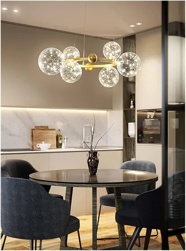 Vista 3 de Candelabros LED, lámparas de araña LED modernas de color dorado/negro con luces LED de cristal transparente, con forma de estrella para sala