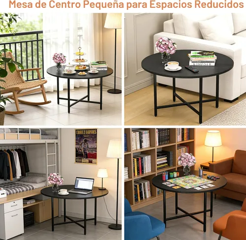 Vista 6 de Mesa de Café FAMIDGE, Mesas de Café de 23.6" para Sala de Estar, Mesa de Café Redonda con Marco de Metal, Mesa de Piso para Sentarse en el Suelo