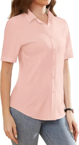 Vista 5 de Camisas de vestir para mujer, sin arrugas, con botones, de manga corta, camisas de trabajo con cuello