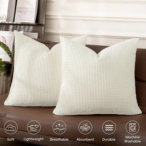 Vista 3 de PHF - Fundas de almohada de algodón de punto gofre, 24 x 24 pulgadas, color crema, sin relleno 100% Cotton Waffle Weave Texture Decorative Square