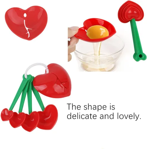 Vista 4 de Cucharas medidoras de cereza, 2 cucharaditas medidoras de plástico con forma de corazón, juego de cucharas medidoras de plástico para líquidos