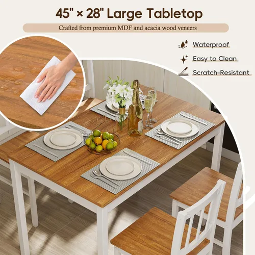 Vista 6 de Juego de mesa de comedor de 5 piezas para 4, juego de mesa de cocina rectangular de madera maciza con 4 sillas, juego de comedor de madera que