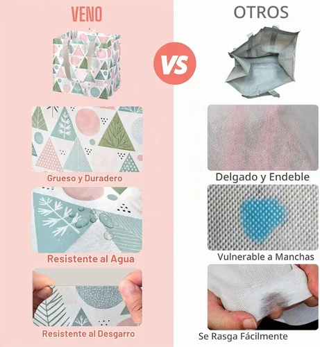 Vista 6 de VENO Paquete de 4 bolsas de comestibles reutilizables de Navidad, bolsas de compras resistentes con asas, para carrito de compras con parte inferior