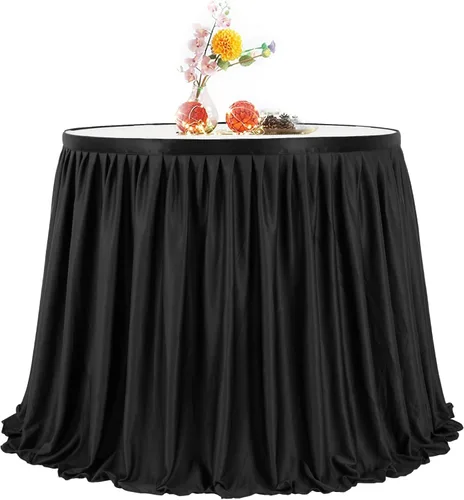 Vista 2 de PARTISKY Falda rectangular de poliéster negro, 6 x 72 pulgadas, resistente a las arrugas, con volantes plisados, perfecta para banquetes, bodas