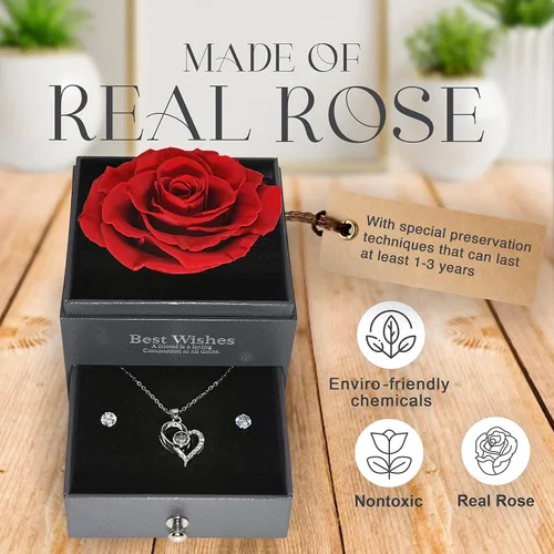 Vista 5 de GLAMOUR BOUTIQUE Preserved Rose in a Box with I Love You Necklace in 100 Languages - Enchanted Flower Jewelry Set with Silver Stud Earrings Gifts