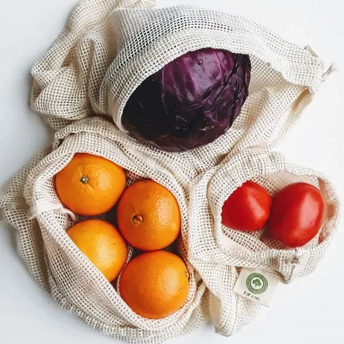 Vista 2 de Bolsas reutilizables de malla de algodón para productos – 100% algodón orgánico, duraderas, doble costura, lavables con peso de tara y cordón