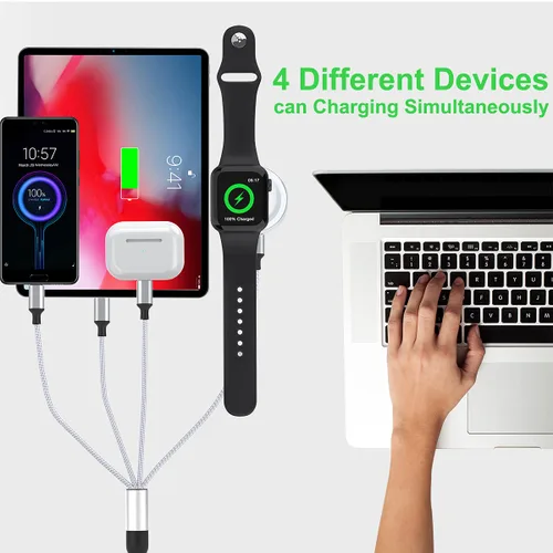 Vista 5 de Cable de carga universal para reloj inteligente 5 en 1 USB de 5.9 ft/6 pies, cargador de reloj magnético+Lightning2+tipo C+Micro USB nailon trenzado
