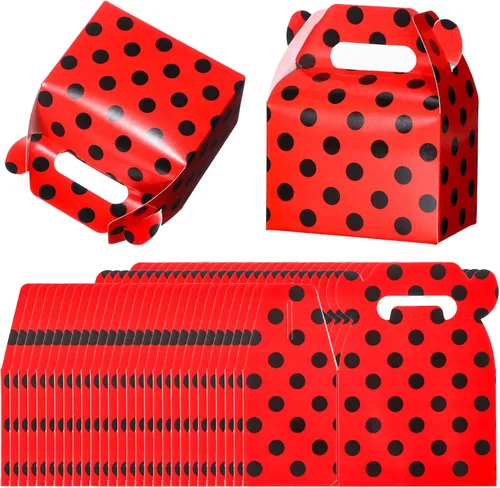 Vista 8 de Outus 30 cajas de regalo de fiesta de mariquita, cajas de regalo de fiesta de mariquita, cajas de papel de caramelo de lunares rojos y negros
