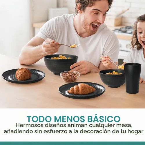 Vista 3 de Teivio Juego de platos y cuencos de 60 piezas para 6, cubiertos negros