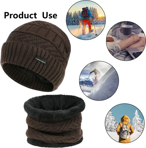 Vista 6 de 3-Pieces Winter Beanie Hats, Scarf and Touch Screen Gloves Set for Men and Women, Warm Knit Cap Set