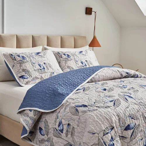 Vista 3 de Joyreap Juego de edredón de microfibra de 2 piezas, hojas azules botánicas sobre gris claro, diseño reversible, funda de cama para todas las Azul