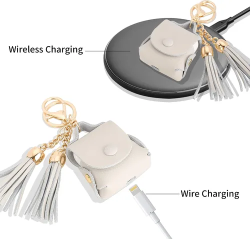 Vista 4 de MODOS LOGICOS Funda de carga para Apple Air Pods, funda de cuero genuino con un par de borlas caídas para Apple AirPods 1/2 Funda de carga - Beige
