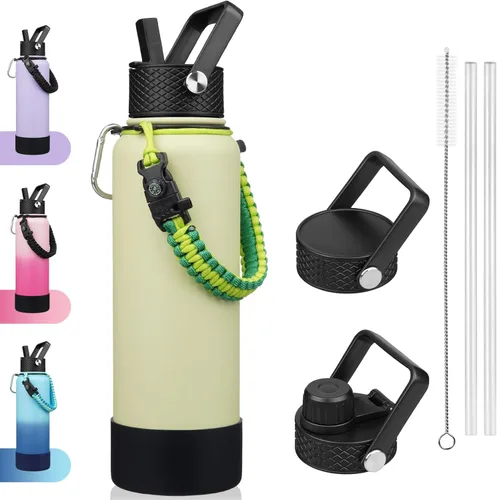 Vista 49 de BJPKPK - Botella de agua con tapa de popote, botellas de agua aisladas de 18 onzas con 3 tapas, asa de cuerda de paracaídas y base antideslizante
