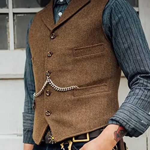 Vista 4 de Chaleco clásico de lana en espiga para hombre, casual, sin mangas, chaqueta de Tweed, chaleco de vestir para boda y novio, talla grande