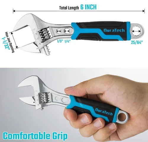 Vista 5 de DURATECH - Llave ajustable de 6 pulgadas, llave combinada 3 en 1 con extremo de caja/función hexagonal, acero CR-V, escalas métricas y SAE, cromada