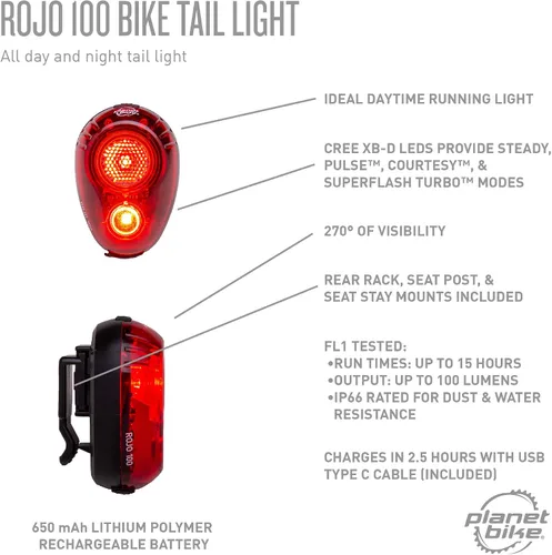 Vista 14 de Planet Bike Luz trasera para bicicleta Rojo 100 USB