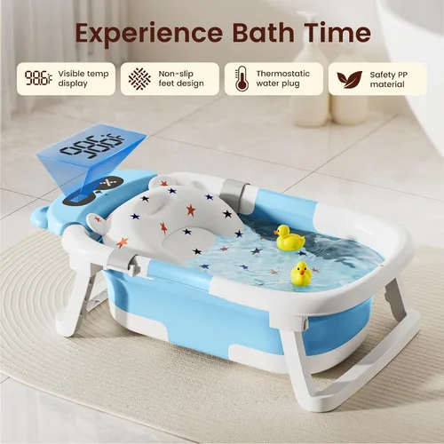 Vista 2 de Bañera para bebé, bañera plegable para recién nacidos a niños pequeños (0-18 meses), bañera plegable para viajar con termómetro, cojín suave, azul