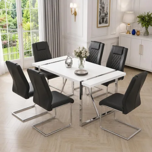 Vista 28 de Juego de mesa de comedor moderna de 55 pulgadas para 4, mesa de comedor negra y marco de metal dorado, mesa de comedor rectangular con 4 sillas