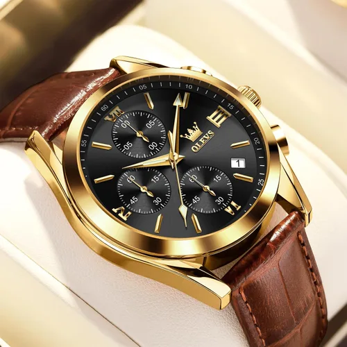 Vista 8 de OLEVS Reloj cronógrafo para hombre, reloj de pulsera analógico de cuarzo con correa de cuero para hombre (azulblanconegrodorado)