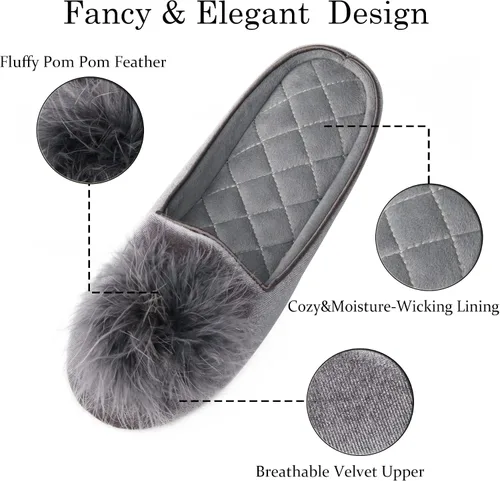 Vista 3 de GRITHEIM Pantuflas de casa de terciopelo con pompones mullidos para mujer, de espuma viscoelástica, cómodas, de punto de felpilla, para dormitorio