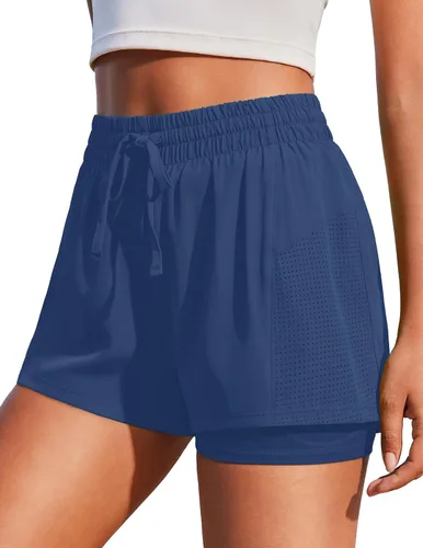 Vista 16 de PINSPARK - Pantalones cortos de cintura alta para mujer, de secado rápido, con bolsillo, para el gimnasio Negro