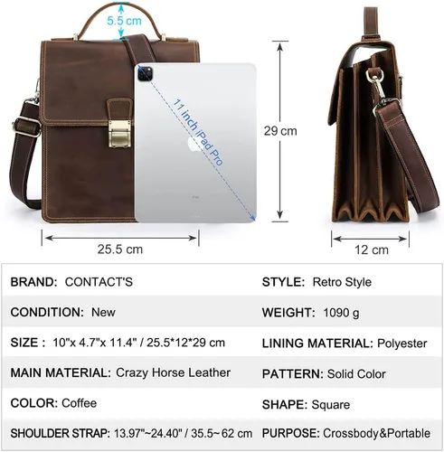 Vista 5 de Contacts Bolso bandolera pequeño de cuero de grano completo para hombres con candado, maletín de viaje, bandolera, Cerradura marrón
