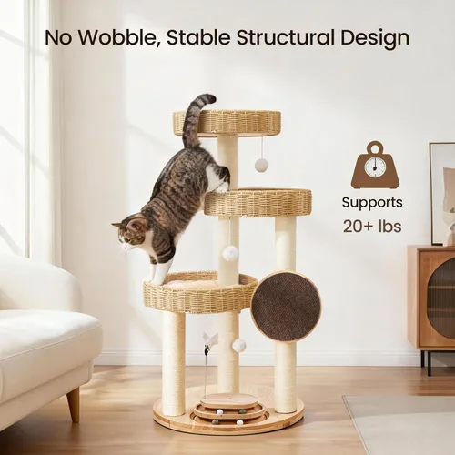 Vista 4 de Árbol de madera maciza para gatos grandes, torre moderna para gatos de 48 pulgadas con cestas tejidas a mano, condominio para gatos de varios