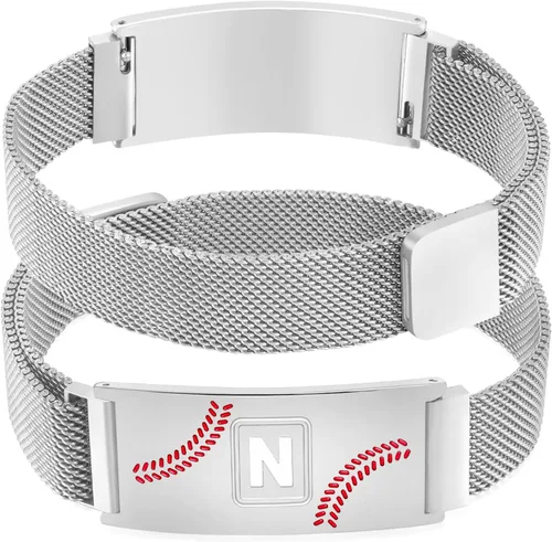 Vista 18 de Fervia Regalos de graduación de Pascua para hombres, pulsera con inicial de béisbol, color negro, plateado, dorado, acero inoxidable, pulseras