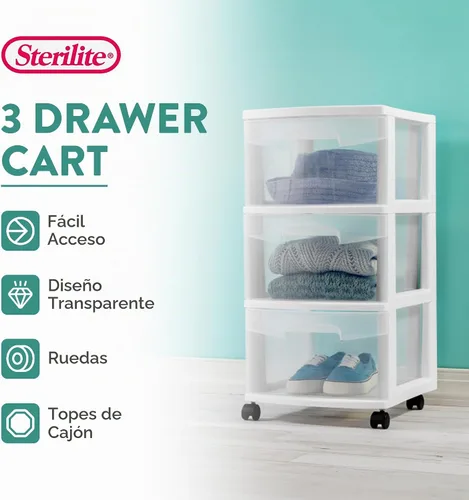 Vista 5 de Sterilite Paquete de 2 organizadores de almacenamiento de plástico, carrito con 3 cajones, organizador de armario, color blanco