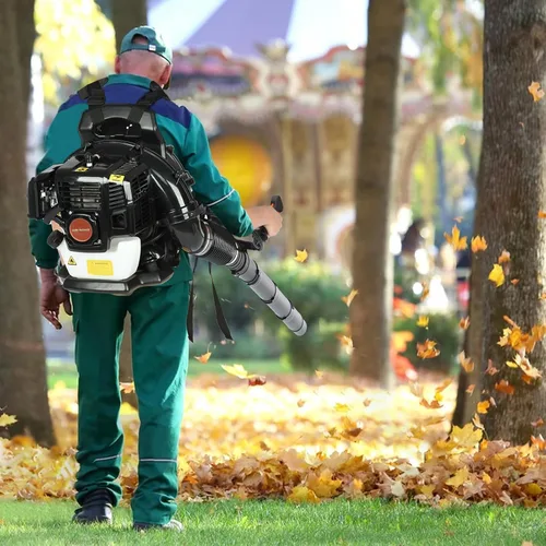 Vista 9 de Soplador de hojas de mochila a gas, soplador de hojas de gas de 52 CC, soplador de hojas de 2 tiempos de 550 CFM, sopladores de gas de 6800 RPM