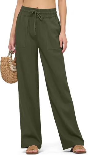Vista 26 de Willit Pantalones de lino para mujer, pantalones palazzo de pierna ancha Khaki - Actualización