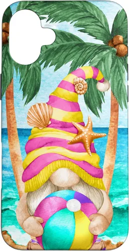 Vista 22 de iPhone 16 Funny Hawaiian Summer Gnome Under Palm Tree For Beach Surfer Case
