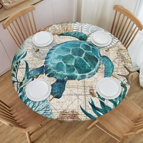 Vista 14 de Mantel ajustable con temática náutica con diseño de cangrejo, mapa de vida costero azul del océano, borde elástico, cubierta impermeable y lavable