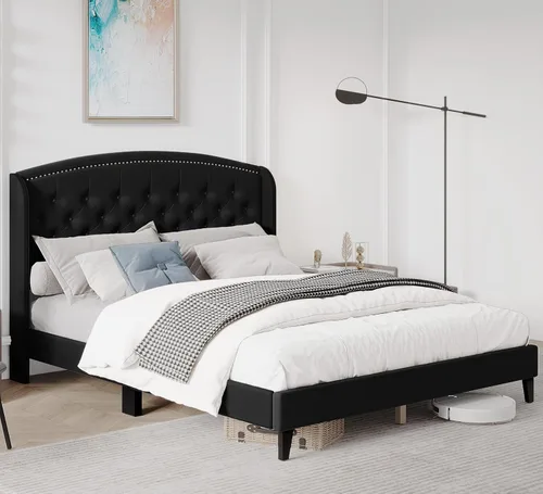 Vista 6 de Base de cama tamaño Queen, plataforma tapizada con cabecera de ala y diseño capitoné de botones, soporte de listones de madera, fácil montaje,