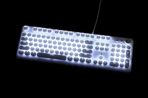 Vista 6 de Teclado para juegos, estilo retro punk, interruptores azules, retroiluminación blanca, cable USB, para PC, laptop, computadora de escritorio