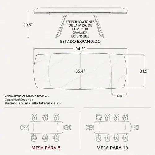 Vista 2 de Honyee Mesa de comedor de piedra sinterizada, mesa de comedor extensible con hojas, parte superior rectangular de aspecto de mármol, asientos 6-12