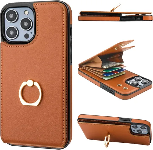 Vista 17 de Folosu Funda tipo billetera compatible con iPhone 14 con soporte para tarjetas, soporte de anillo para dedo con rotación de 360° y función atril