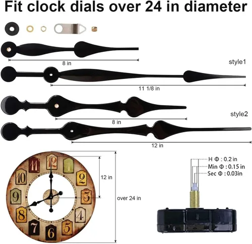 Vista 5 de EMOON Kit de mecanismo de reloj de eje largo de alto par con 2 pares de agujas de pala de 12 pulgadas de largo, color negro