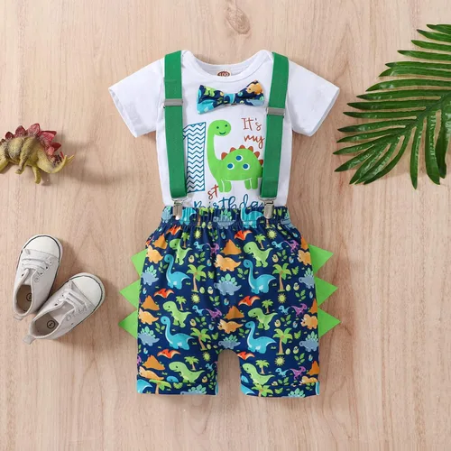 Vista 2 de Ropa divertida para el primer cumpleaños para bebé, ropa para bebé, con corbatín, mameluco, pantalones, conjunto de tirantes, trajes de pastel