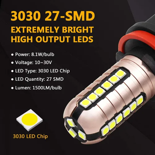 Vista 2 de PHINLION Bombillas LED antiniebla H11, súper brillantes 3030 27-SMD H8 H16 Bombilla LED de repuesto para luces DRL o antiniebla, 6000K blanco xenón