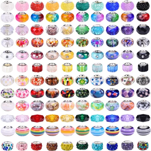 Vista 6 de 120 Piezas de Cuentas Europeas Surtidas para Manualidades Agujero Grande Cuentas Espaciadoras Lampwork Cuentas Europeas Coloridas para Collar Flor