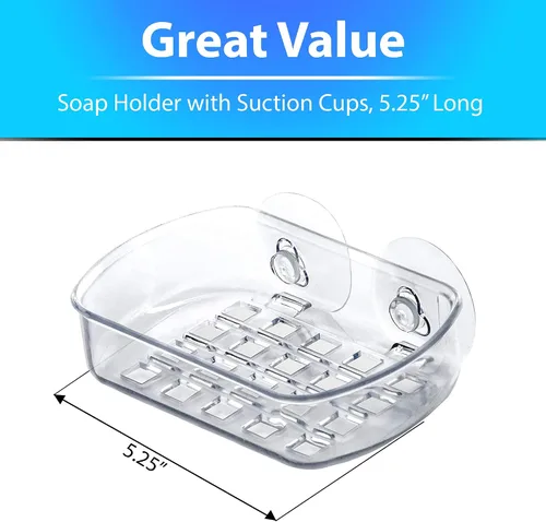 Vista 4 de Estuche para jabón, soporte con ventosas, 5.25 pulgadas de largo, plástico acrílico transparente, jabón en barra, esponja, recipiente para artículos